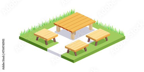 Wooden table picnic icons set isometric vector. Empty garden park. Furniture creation .vector icon
