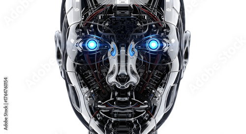 Futuristic robot head with glowing blue eyes isolated on transparent background