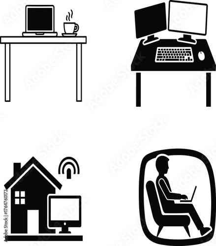 Home office setup icons featuring desks computers laptops and remote work scenarios vector
