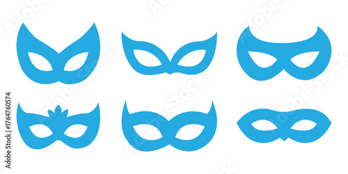 Mask superhero or carnival bandit burglar vector icon set. Blue masquerade costume eye mask silhouette hidden villain scammer face. 