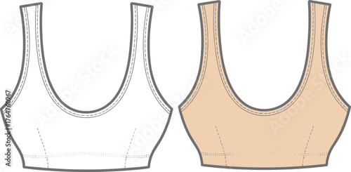 cad drawing flat vector illustration, sports bra front view, fashion technical sketch, activewear clothing design, lingerie apparel vector template