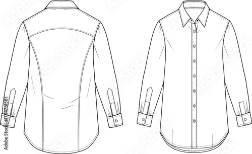 Classic button-up shirt front and back technical sketch, long sleeve collared shirt flat drawing, clothing design template, cad drawing flat vector illustration