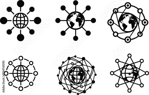 Global network connections set of icons representing earth and connectivity vector