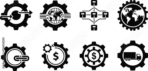 Set of business and technology icons featuring gears global network finance and logistics vector
