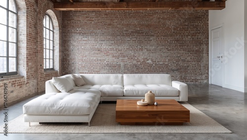 Modern loft interior featuring a white sofa and wooden coffee table