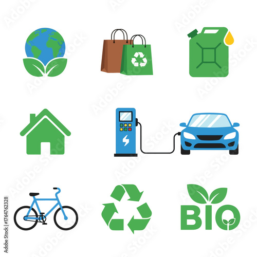 Vector illustration of set of modern icons for green living, including electric car charging, renewable energy, and ecofriendly transportation
