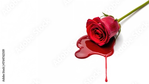 Heartbreak and sorrow symbolized by a bleeding red rose and blood puddle on a white backdrop with space for text