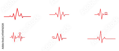 Collection of red heartbeat pulse line isolated on white background set of medical cardiogram signals for healthcare, emergency, and wellness concepts vector illustration of heart rhythm