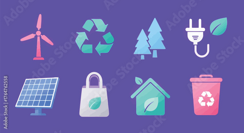 Vector illustration of vibrant flat icons on a purple background, showcasing wind turbines, solar panels, recycling symbols, and ecofriendly housing for a sustainable future