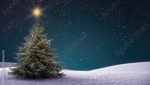 Holiday star shining in the dark sky with snowflakes falling and a snowy pine tree