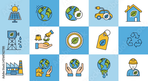 Vector illustration of collection of ecofriendly icons representing sustainability, renewable energy, and environmental protection concepts