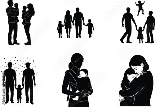 Family love and parenting vector illustration set, parents with children, happy family moments, mother and baby, parenthood silhouette design icons