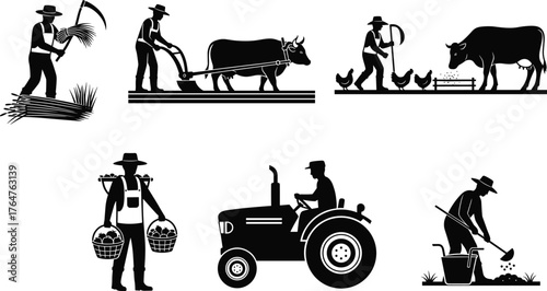 Farming activity silhouettes, traditional agriculture, modern tractor, harvesting, planting, feeding animals, rural labor, black vector art, cad drawing, flat illustration, countryside work