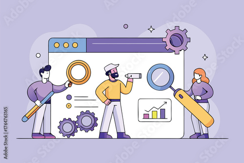Vector art of team of people working on search engine optimization with magnifying glasses and gears, analyzing data on a screen