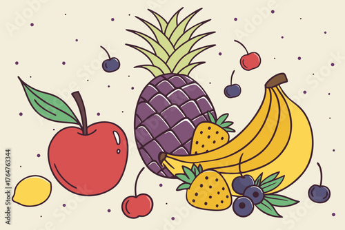 Vector art of a vibrant collection of fresh fruits including a pineapple, banana, apple, strawberries, blueberries, and a lemon, artfully arranged