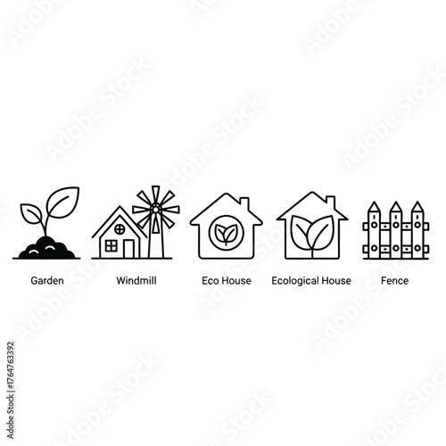 Vector illustration of collection of simple line icons representing ecofriendly concepts like garden, windmill, eco house, and fence