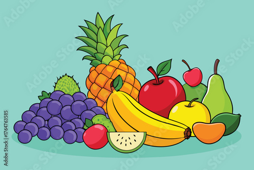 Vector art of a vibrant assortment of fresh, ripe fruits including pineapple, grapes, bananas, apples, pears, and oranges, artfully arranged against a teal background