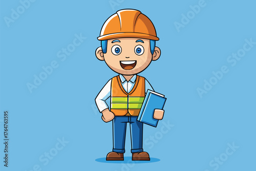 Vector art of a cheerful cartoon construction worker wearing an orange hard hat and a safety vest, holding a blue notebook, standing against a plain blue background