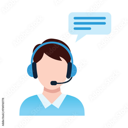 Customer service representative with headset and speech bubble, isolated on white background