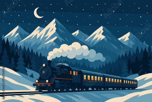 Classic steam locomotive traveling through snowy mountain landscape at night