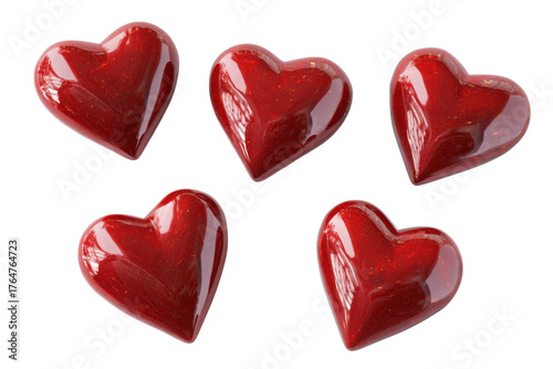 Five glossy red heart shapes against a black background shiny, Isolated On Transparent Background, Png Cut Out