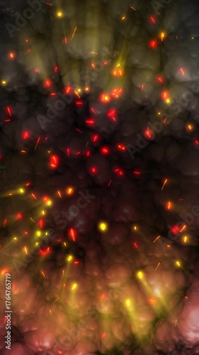 Abstract, bright, rapid fiery sparks. 4K video. Stunningly conveys the atmosphere of heat and expansion of fire. Motion design.
