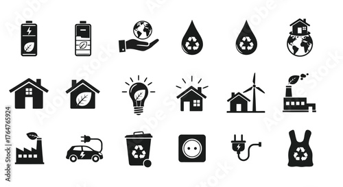 Vector illustration of collection of black and white icons representing environmental protection, renewable energy, and sustainability