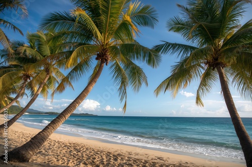 Golden Beach with Tall Palm...