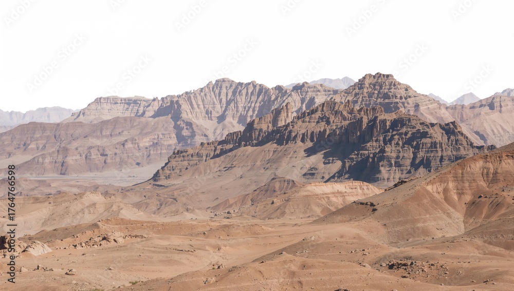 Fototapeta premium Brown sandy hill and mountain peaks isolated on a white background, natural texture and scenery