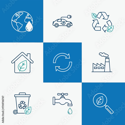Vector illustration of set of ecofriendly icons representing sustainability, renewable energy, and environmental protection on a blue background