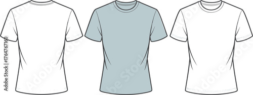 Men’s basic t-shirt technical flat sketch, front and back view, casual fashion clothing design template, cad drawing flat vector illustration
