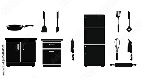 Kitchen appliances and utensils silhouettes black