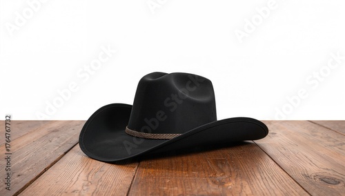 A dark cowboy hat resting on a wooden surface