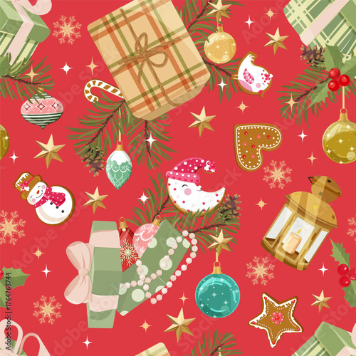 Christmas seamless pattern with gingerbread cookies, gifts, and Christmas balls. Suitable for decorating textiles and packaging. Vector illustration.