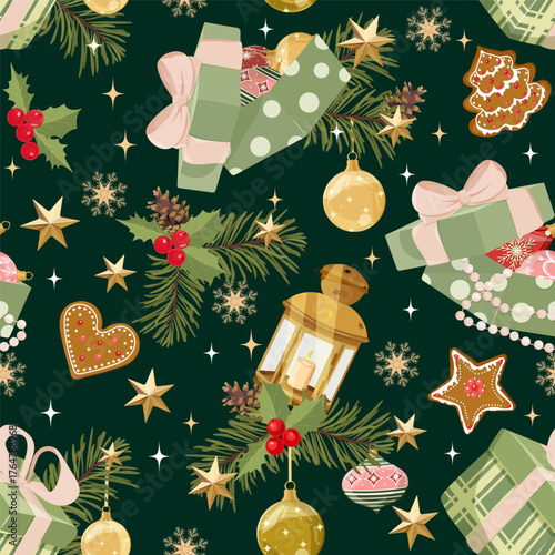 Christmas seamless pattern with lanterns, gifts, and Christmas balls. Suitable for decorating textiles and packaging. Vector illustration.