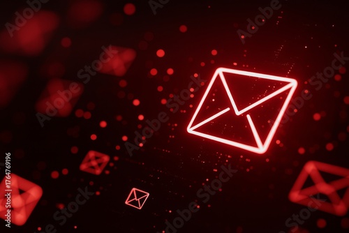 Digital background with glowing email icons in neon colors (red, blue, green) over a dark surface with bokeh light effects, modern panoramic design.