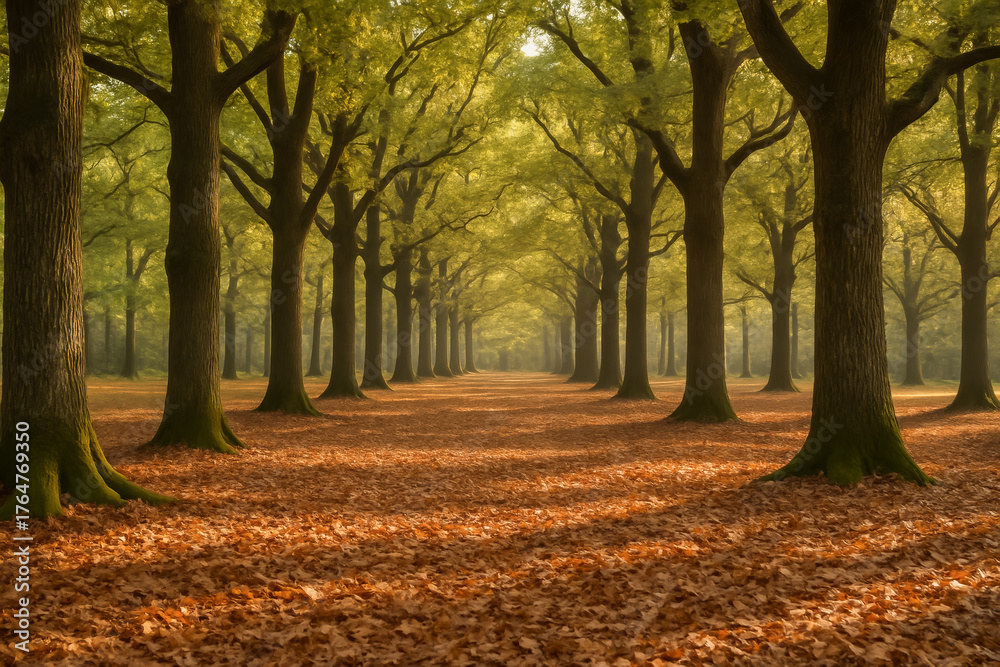 Fototapeta premium Serene tree-lined pathway covered in autumn leaves