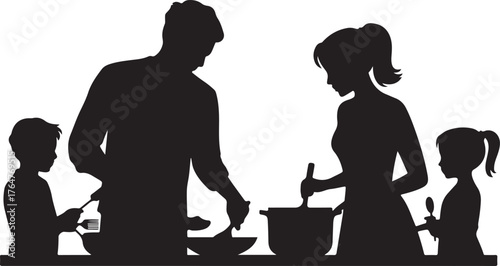Black silhouette of a family cooking together in the kitchen black and white