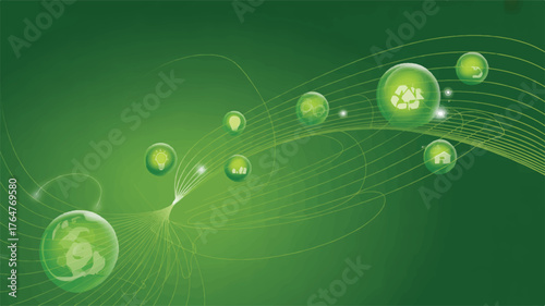 Green bubbles with environmental symbols recycling
