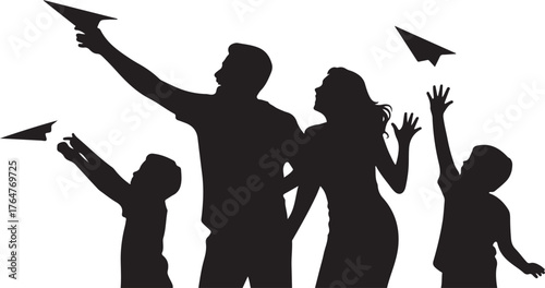 Black silhouette family with children throwing paper airplanes against white background vector