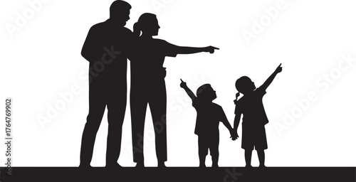 Silhouette family of four pointing upwards together on white background four people parents