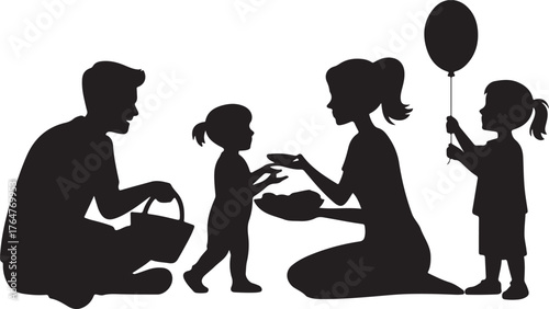 Silhouette of a family enjoying an outdoor activity with a balloon and picnic basket vector