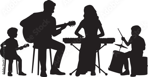 Silhouette of a family band playing music together with guitars keyboard and drums vector