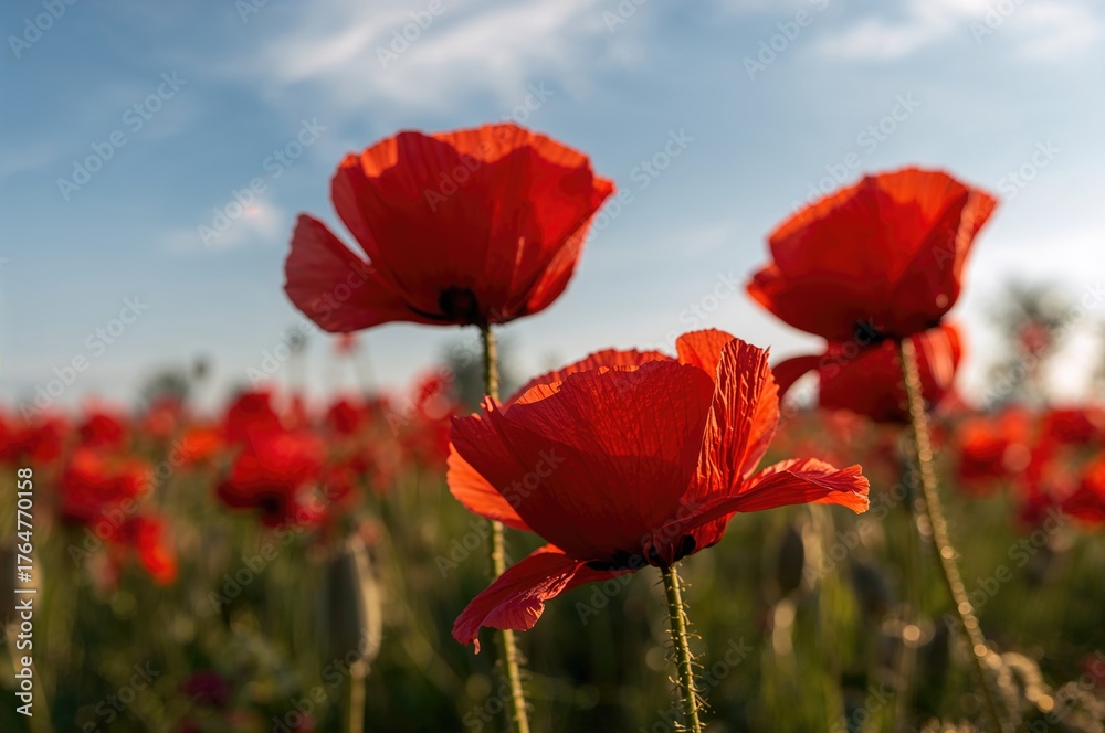 Obraz premium Close-up of crimson poppies bathed in early sunlight