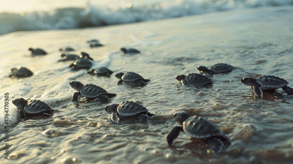Obraz premium A group of newly hatched baby sea turtles make their way across the wet sand towards the ocean waves in the soft, warm light of the morning sun on the beach.