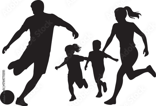 Black silhouette of a family playing soccer together on a white background sport activity