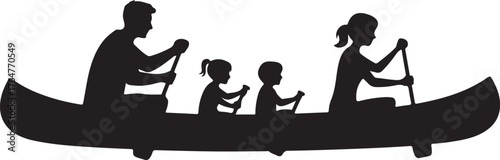 Black silhouette of a family paddling a canoe on white background boat