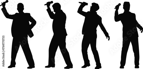 Silhouette of male singers performing with microphones, stylish men singing on stage, music concert, entertainment show, group performance illustration vector