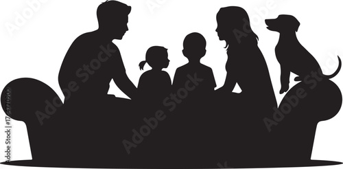 Black silhouette of a family and dog on a sofa people