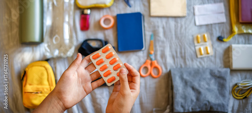Emergency situation preparation - close-up of survival items in bedroom